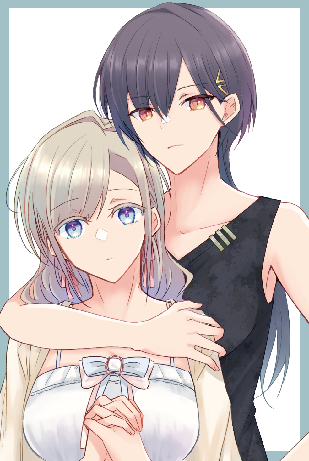 2girls, aqua_border, arm_around_neck, black_tank_top, blue_eyes, border, breasts, ceras_yanagida_lilienfeld