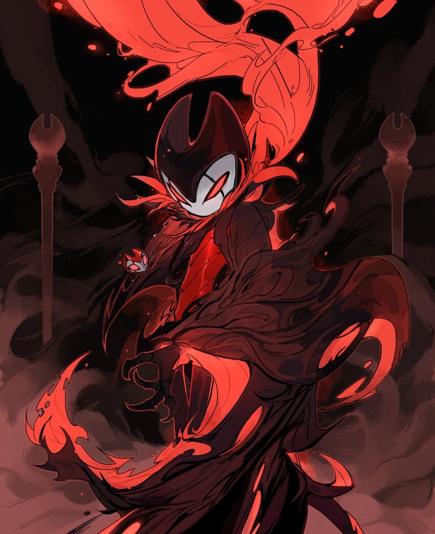 1boy, blank_eyes, bug, claws, cloak, dark_background, darkdog, grimm_(hollow_knight)