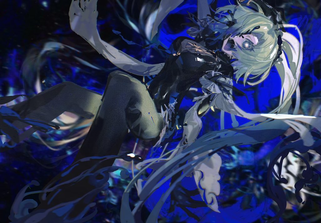 1girl, arcaea, black_bodysuit, black_gloves, black_thighhighs, blonde_hair, blue_eyes, bodystocking