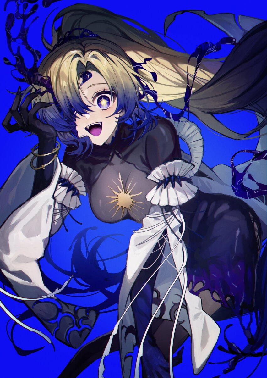 1girl, absurdres, arcaea, black_bodysuit, black_gloves, black_thighhighs, blonde_hair, blue_eyes, bodystocking, bodysuit, breasts, corruption, crazy_smile, curtained_hair, fangs, fingernails, gloved_sleeves, gloves, green_hair, hair_over_one_eye, high_ponytail, highres, jacket, jewelry, long_fingernails, long_hair, medium_breasts, multiple_rings, nonoka_(awakened)_(arcaea), one_eye_covered, ponytail, possessed, ring, rn_nabe, smile, solo, star-shaped_pupils, star_(symbol), symbol-shaped_pupils, thighhighs, white_jacket, white_sleeves, yellow_thighhighs