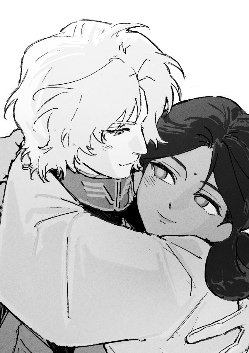 1boy, 1girl, absurdres, arms_around_neck, bindi, char_aznable, closed_mouth, commentary