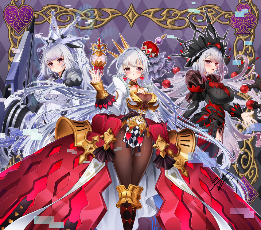 3girls, absurdres, black_dress, black_pantyhose, blush, breasts, cleavage, closed_mouth