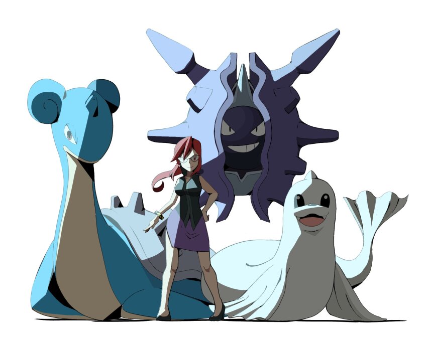 black_shirt, breasts, cloyster, contrapposto, dewgong, gen_1_pokemon, glasses, hand_on_own_hip
