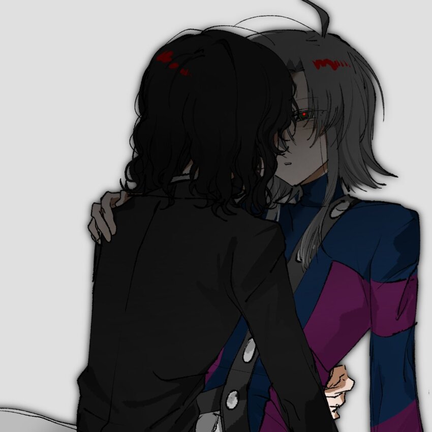 2boys, ahoge, black_coat, black_eyes, black_hair, blue_jacket, bright_pupils, buttons