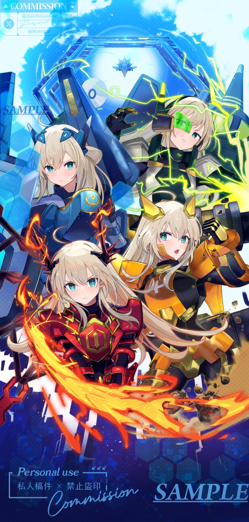 4girls, absurdres, armor, blonde_hair, duel_monster, fire, gloves, green-tinted_eyewear