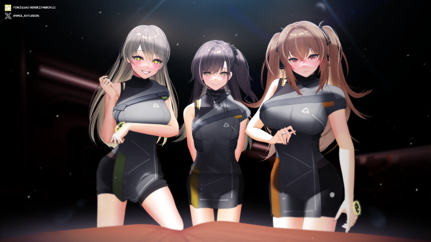 3girls, 45sensei, absurdres, arm_under_breasts, arms_behind_back, artist_name, blush, breasts