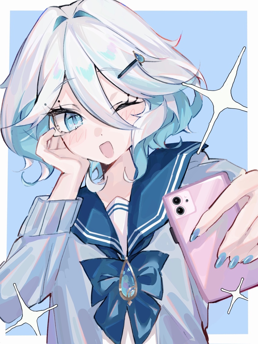 1girl, alternate_costume, blue_bow, blue_eyes, blue_gem, blue_hair, blue_nails, blue_sailor_collar