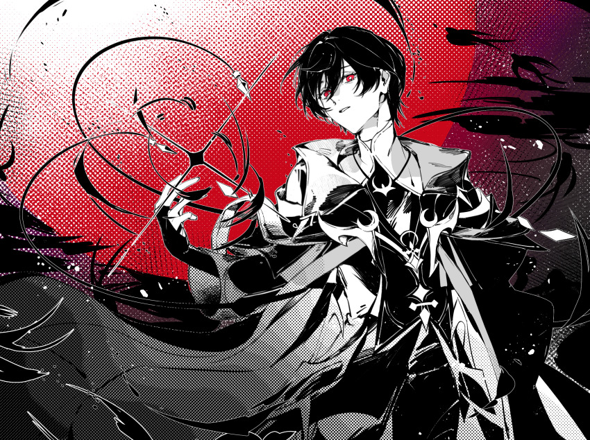 1boy, ang50, dithering, elsword, fingerless_gloves, gloves, greyscale_with_colored_background, highres