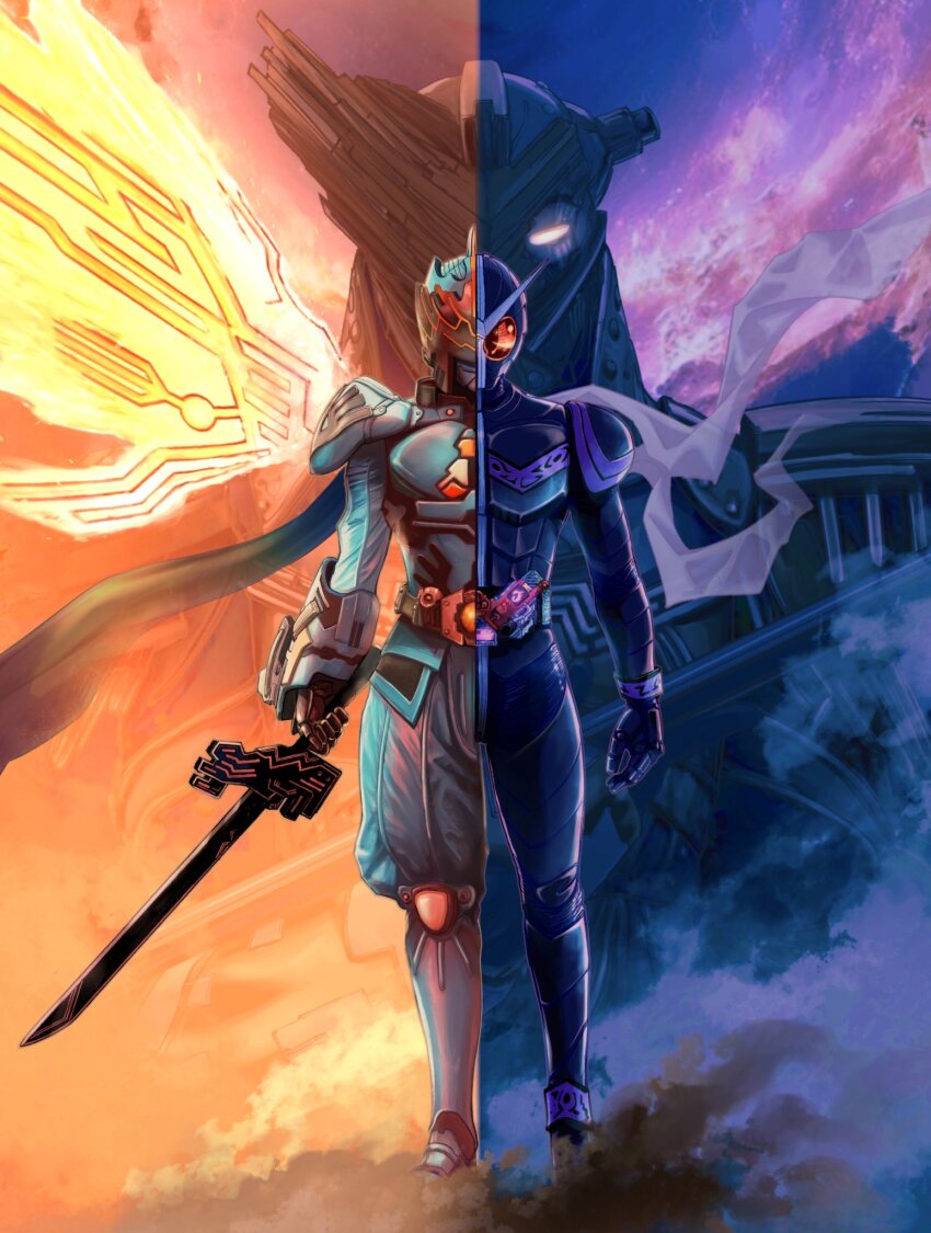 3boys, armor, belt, bodysuit, cape, compound_eyes, doubledriver, fuuto_tantei