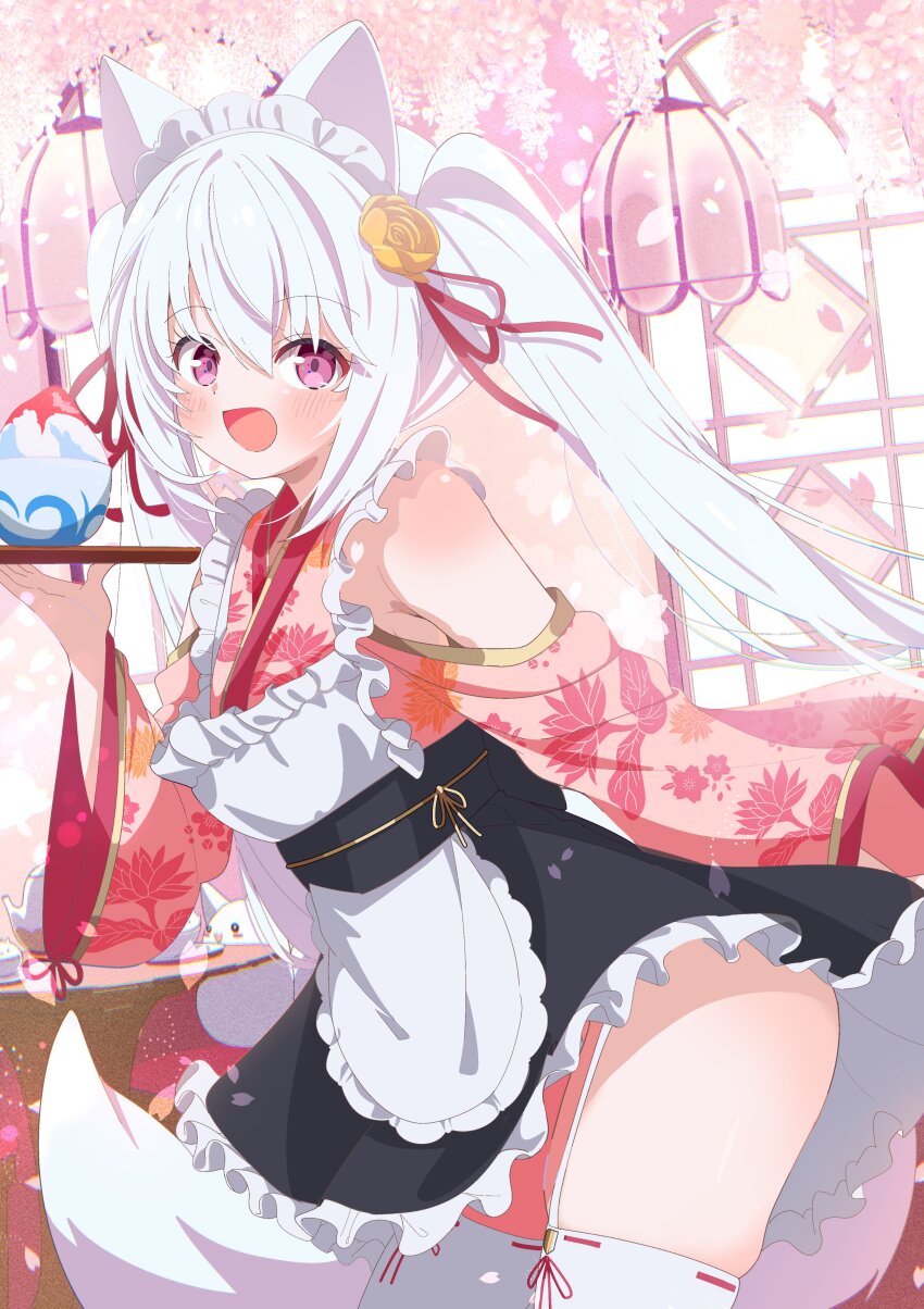 1girl, :d, absurdres, animal_ears, apron, blush, flower, food