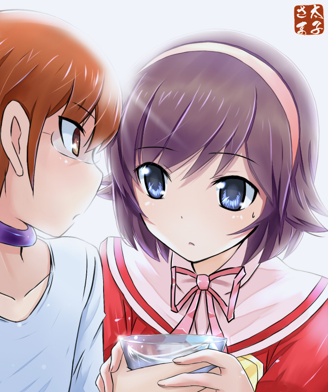1boy, 1girl, beckitach, blue_eyes, brown_eyes, brown_hair, choker, colorized