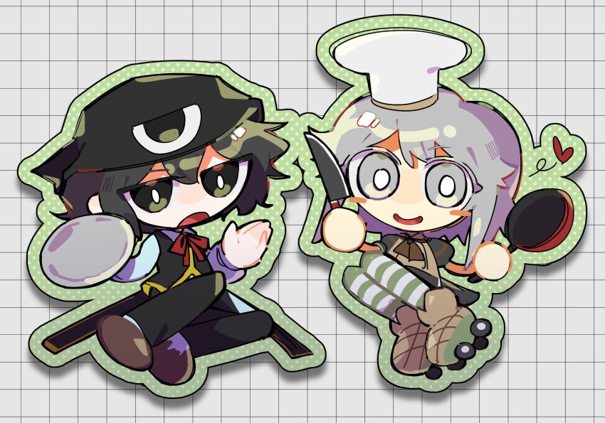 2others, androgynous, ascot, black_eyes, black_hair, black_headscarf, black_pants, black_shirt