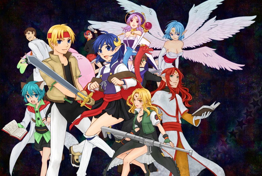 ashton_anchors, blonde_hair, blue_hair, bowman_jeane, celine_jules, chisato_madison, claude_c._kenny, ernest_raviede, gun, headband, highres, leon_geeste, opera_vectra, philia_(star_ocean_2), rena_lanford, skirt, smile, star_ocean, star_ocean:_the_second_story, sword, weapon, wings