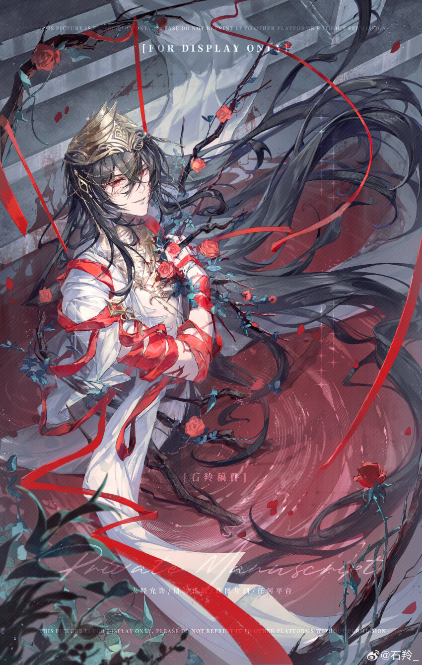 1boy, absurdres, arm_ribbon, ayn_alwyn, ayn_alwyn_(god_forsaken_land), black_hair, blood, blood_on_chest