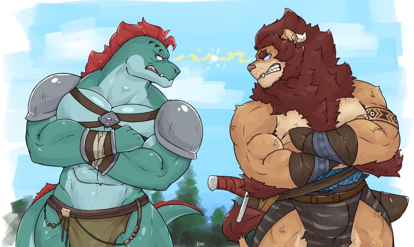 2boys, abs, absurdres, angry, animal_ears, artist_name, bara, bulge