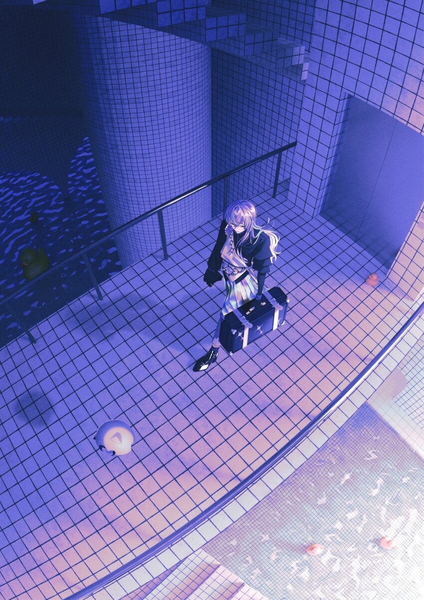 1boy, 404_4628, absurdres, dream_pool, from_above, highres, hoshirube_sho, hoshirube_sho_(1st_costume), jacket, liminal_space, long_hair, male_focus, nijisanji, otomo_(hoshirube_sho), pants, shoes, sitting, solo, tiles, virtual_youtuber, white_hair, wide_shot