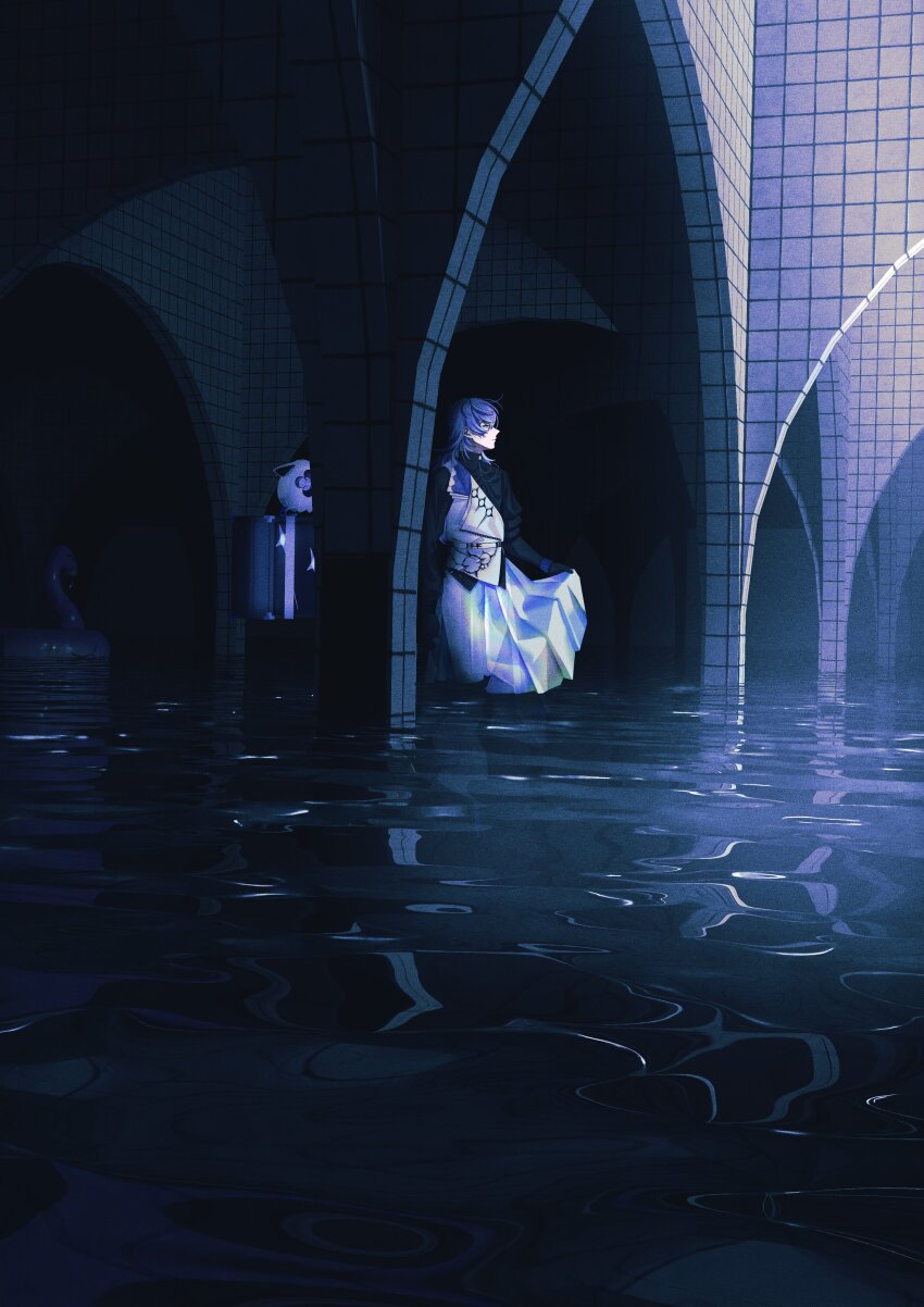 1girl, 404_4628, absurdres, blue_eyes, blue_hair, dress, highres, holding_own_skirt