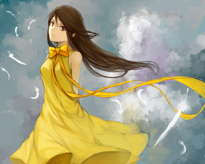 00s, 1girl, bow, brown_hair, charimei, cloud, dress, feathers