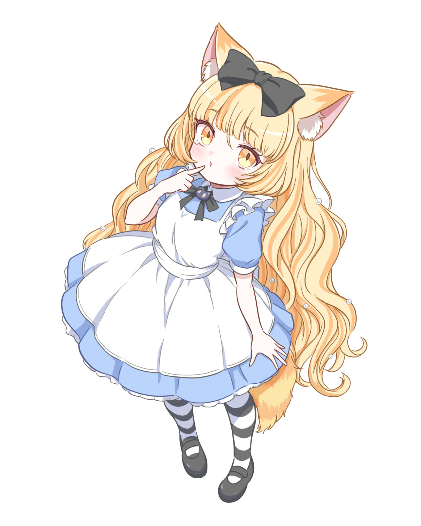 1girl, :o, animal_ears, apron, black_bow, blonde_hair, blue_dress, bow