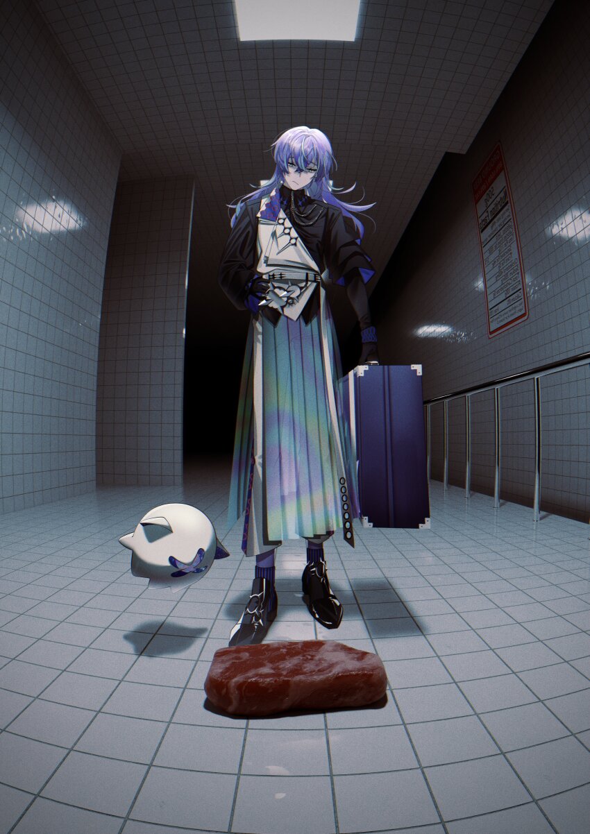 1boy, 404_4628, absurdres, ankle_boots, belt, black_belt, black_gloves, black_jacket