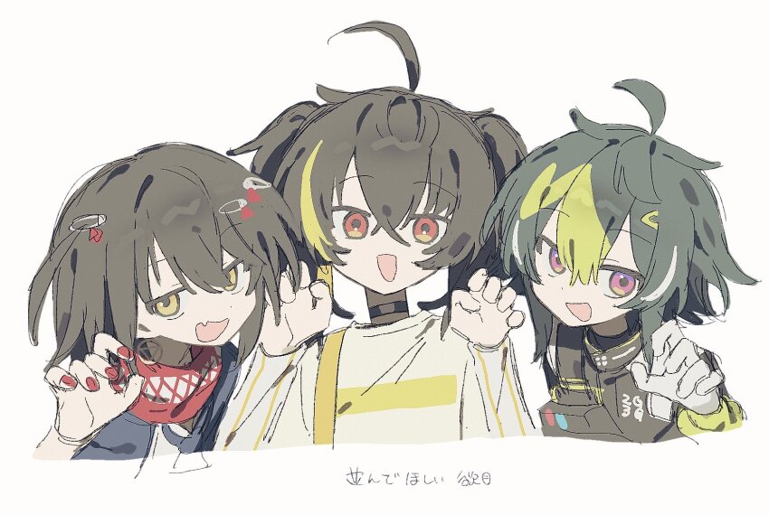 3boys, ahoge, black_hair, blonde_hair, brown_hair, choker, claw_pose, fang