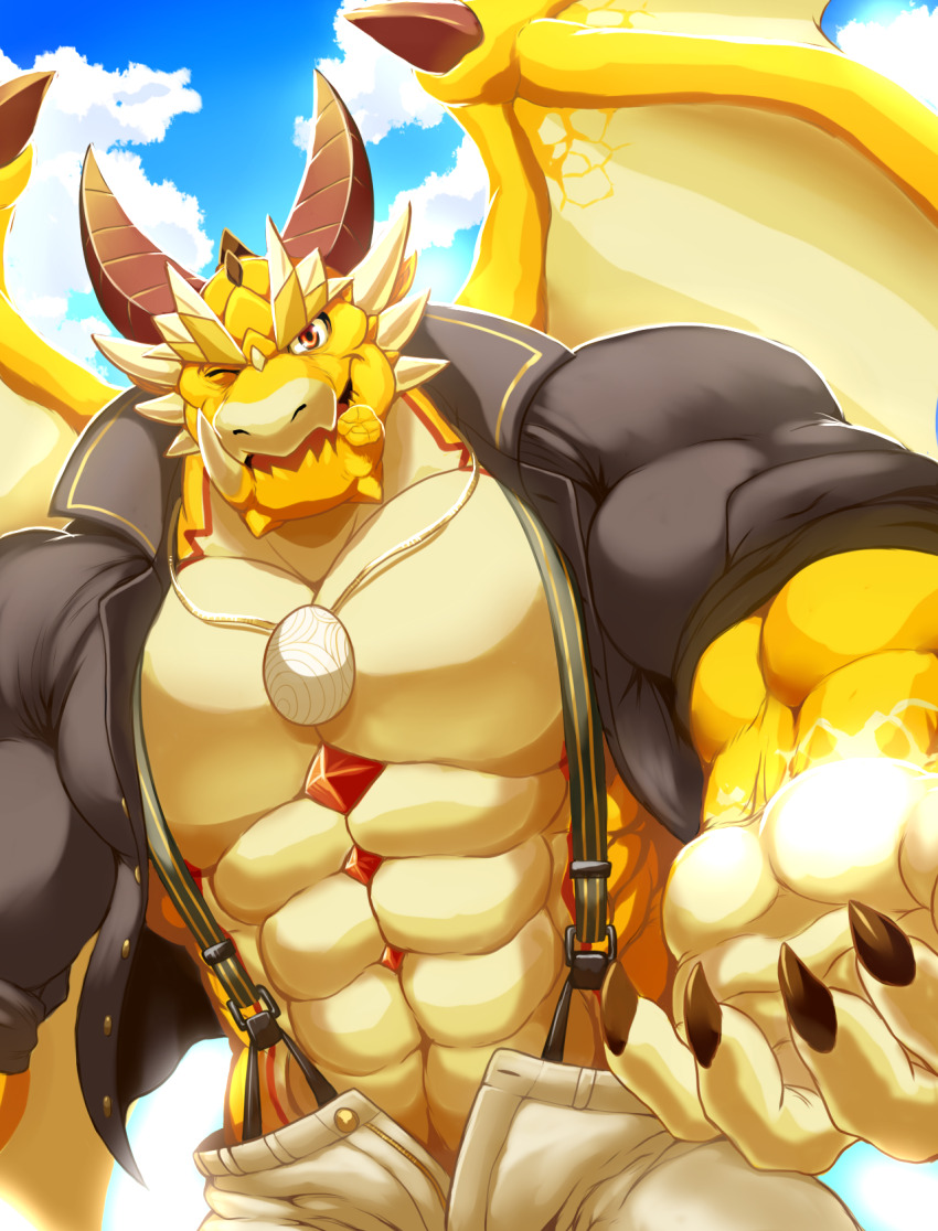 1boy, abs, animal_ears, bara, black_shirt, blue_sky, broken_fang, claws