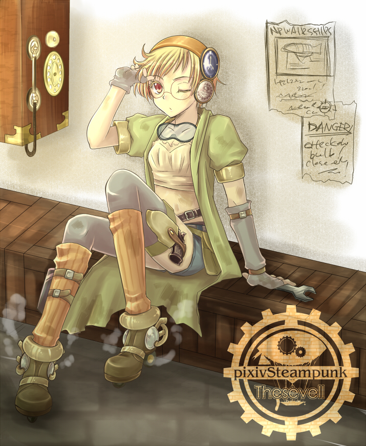 1girl, blonde_hair, engineer, female_focus, glasses, one_eye_closed, original, pixiv_steampunk