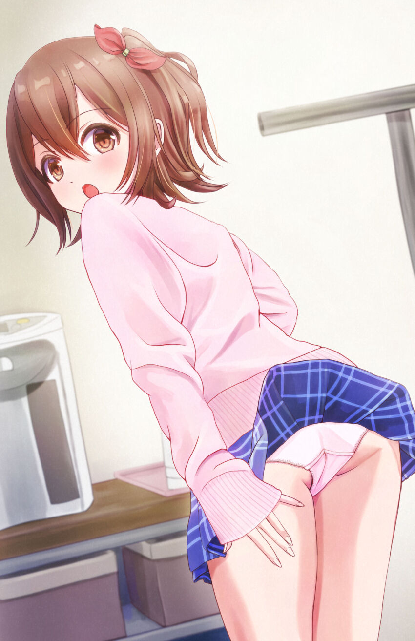 1girl, :o, absurdres, ass, blue_skirt, bow, brown_eyes, brown_hair