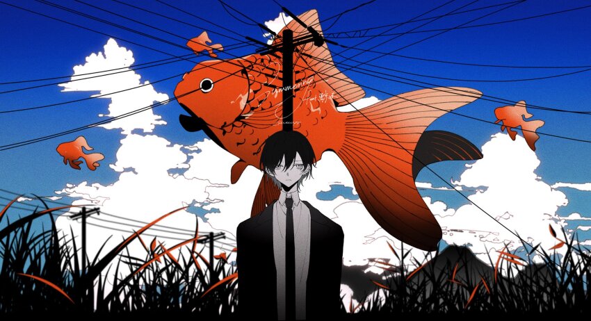 1boy, black_hair, black_jacket, black_necktie, blue_sky, closed_mouth, cloud, cloudy_sky