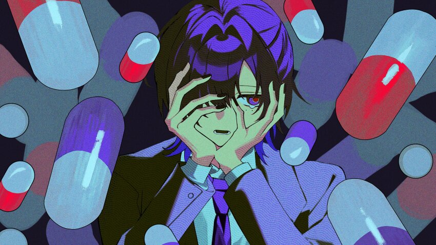 1boy, black_jacket, collared_shirt, formal_clothes, hair_intakes, hands_on_own_face, hands_up, highres, indie_utaite, jacket, kujiragi, long_sleeves, necktie, open_mouth, pill, purple_eyes, purple_hair, purple_necktie, shirt, short_hair, si_(wooupp), solo, suit, upper_body, virtual_youtuber, white_shirt