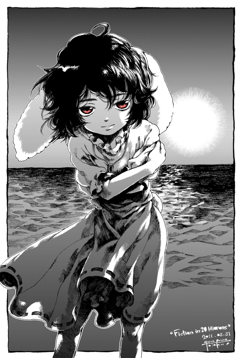 1girl, animal_ears, black_hair, dress, female_focus, greyscale, highres, inaba_tewi