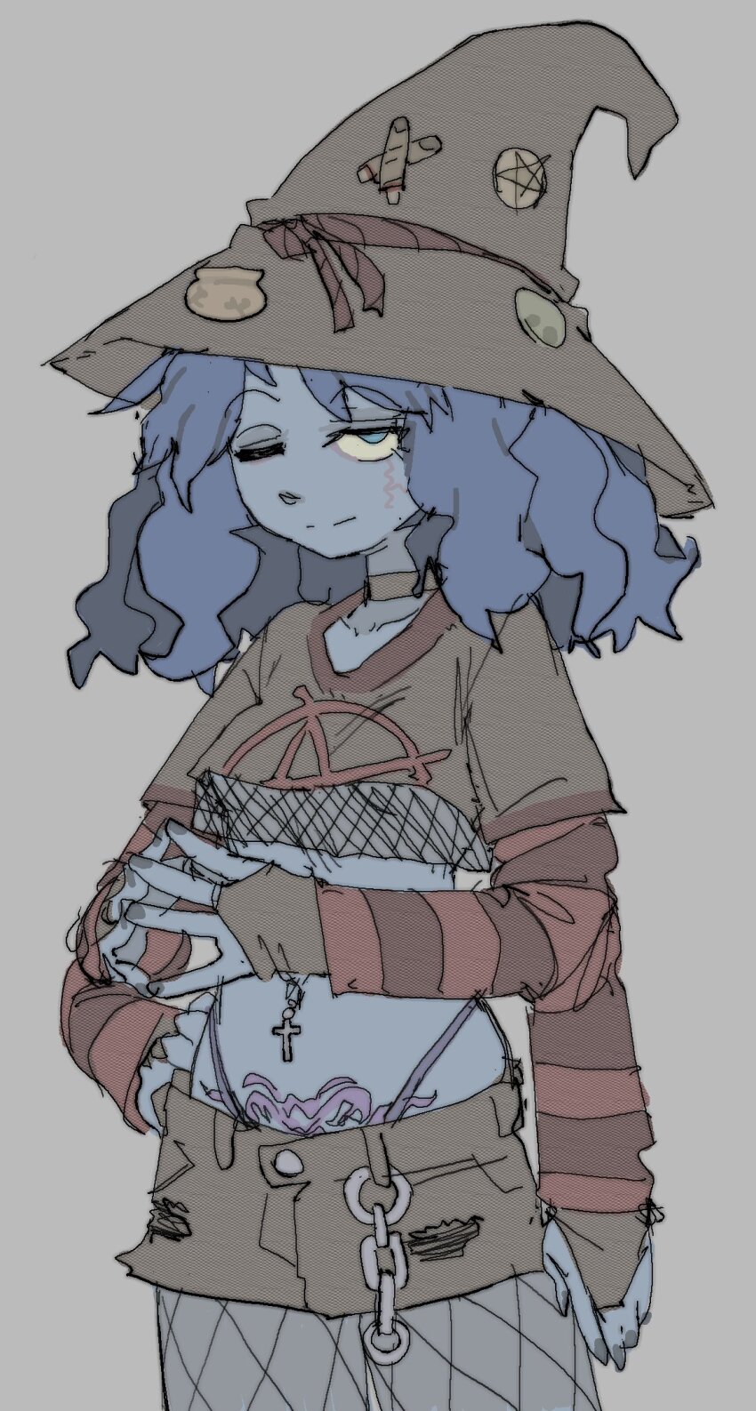 1girl, alternate_costume, blue_eyes, blue_hair, blue_skin, breasts, brown_shirt, brown_shorts