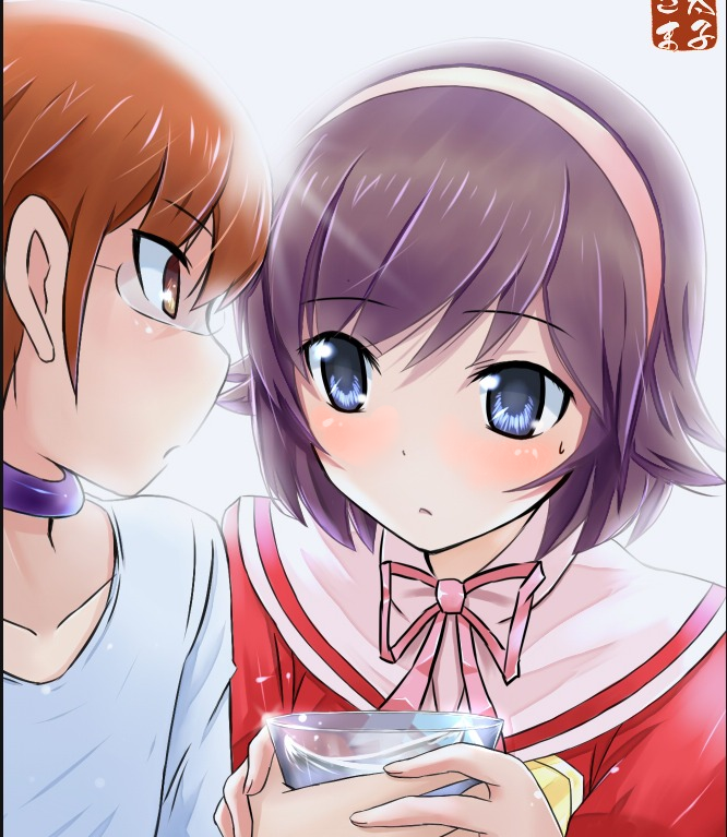 1boy, 1girl, beckitach, blue_eyes, blush, brown_eyes, brown_hair, choker