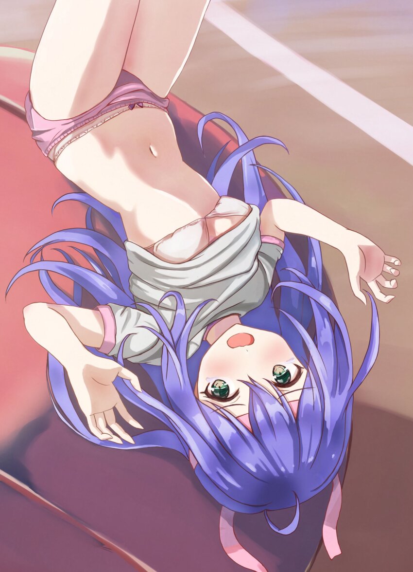 1girl, blush, bow, bow_panties, bra, brown_eyes, buruma, clothes_lift