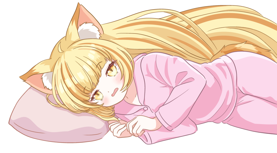 1girl, animal_ear_fluff, animal_ears, blonde_hair, cat_ears, cat_girl, cat_tail, head_on_pillow