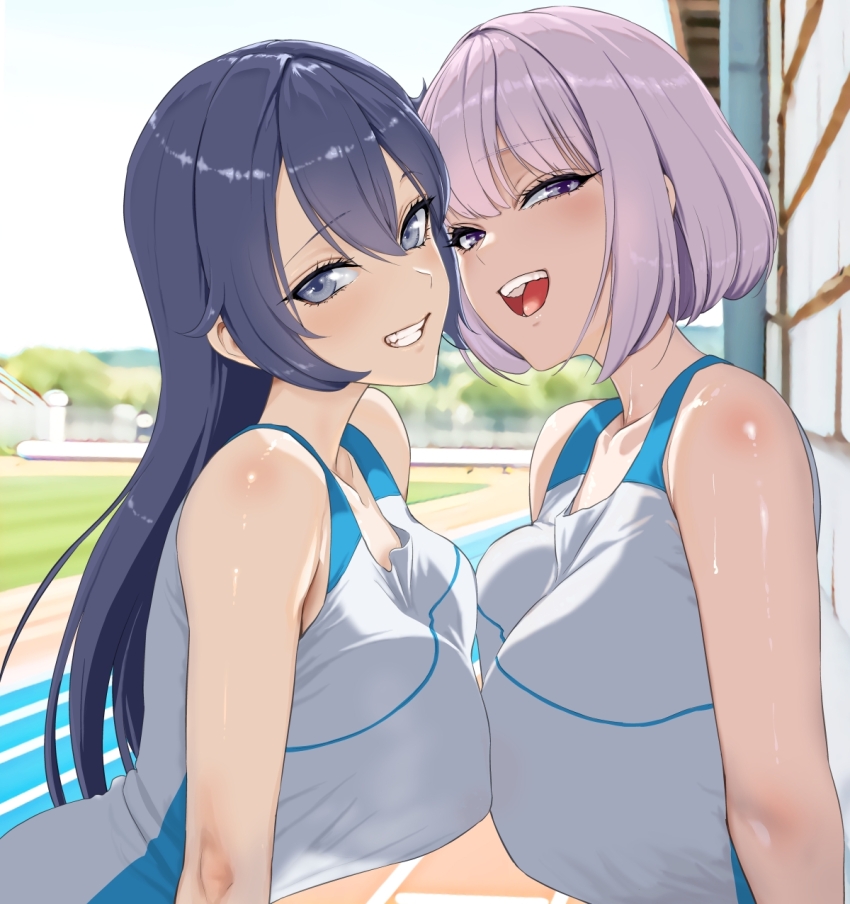 2girls, :d, bare_shoulders, black_hair, blue_sky, bob_cut, breast_press, breasts