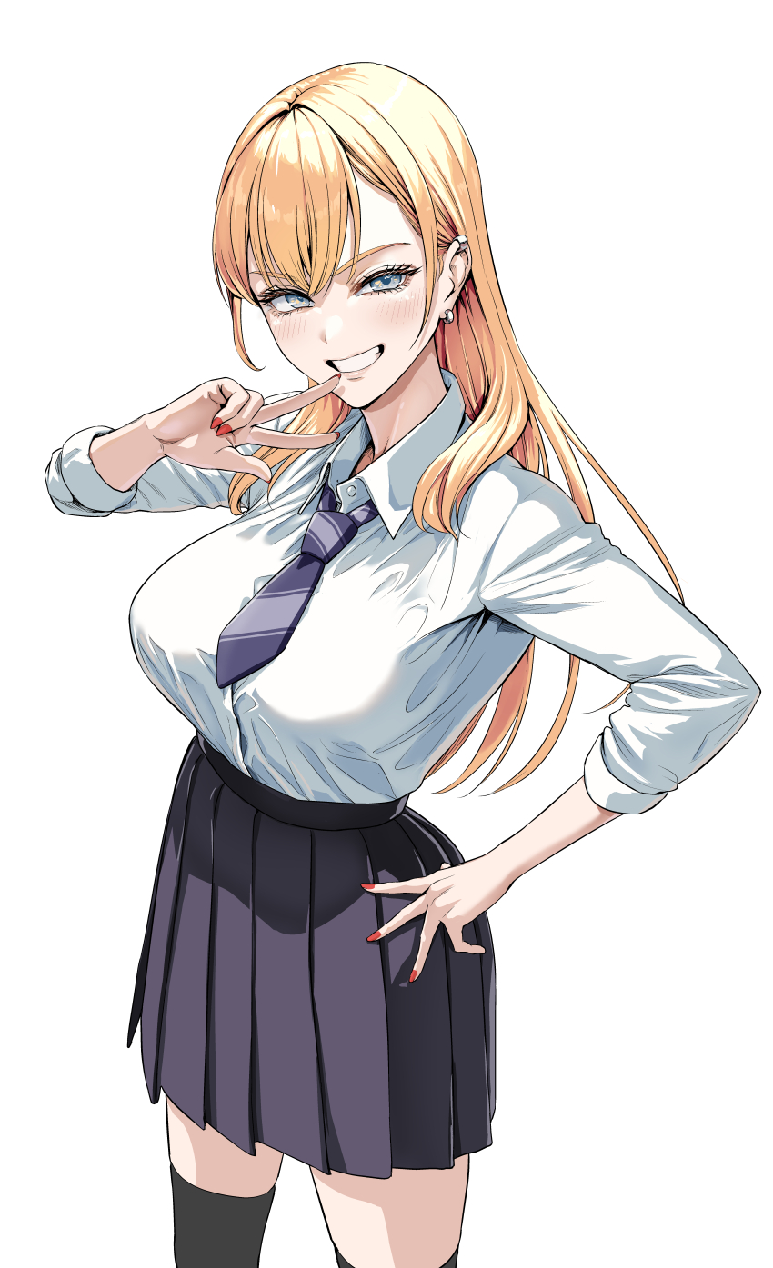 1girl, absurdres, black_necktie, black_skirt, black_thighhighs, blonde_hair, breasts, collared_shirt