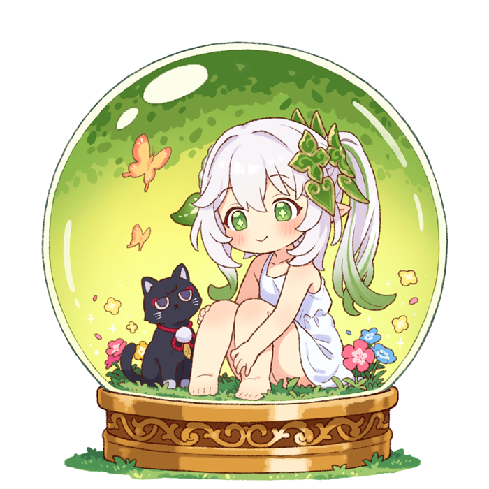 1girl, barefoot, bug, butterfly, commentary, cross-shaped_pupils, dress, flower, genshin_impact, green_eyes, green_hair, hair_ornament, in_snow_globe, insect, leaf_hair_ornament, long_hair, multicolored_hair, nahida_(genshin_impact), onyhakase, pointy_ears, scaramouche_(cat)_(genshin_impact), scaramouche_(genshin_impact), side_ponytail, sitting, smile, sundress, symbol-shaped_pupils, toes, white_dress, white_hair