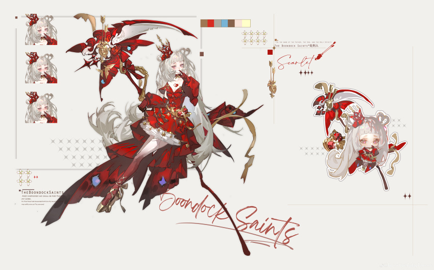 1girl, :o, absurdres, arched_bangs, ballet_slippers, bare_shoulders, blush, breasts, candian_dong, character_name, chest_tattoo, chibi, chibi_inset, chinese_commentary, choker, closed_mouth, collarbone, color_guide, colored_extremities, colored_skin, crown, detached_sleeves, dress, facial_mark, finger_to_mouth, flower, full_body, gloves, gold_ribbon, gold_shoes, gold_trim, grey_background, hair_flower, hair_ornament, hair_rings, heart_(organ), high-low_dress, highres, holding, holding_scythe, holding_weapon, incredibly_absurdres, leg_ribbon, long_dress, long_hair, long_sleeves, looking_at_viewer, mini_crown, multiple_expressions, off-shoulder_dress, off_shoulder, original, parted_lips, plume, puffy_long_sleeves, puffy_sleeves, red_choker, red_dress, red_flower, red_gloves, red_rose, red_skin, reference_sheet, ribbon, rose, scythe, shoes, short_bangs, short_dress, short_sleeves, sidelocks, sideways_glance, simple_background, skull_ornament, small_breasts, smile, solo, stabbed_heart, tattoo, teardrop_facial_mark, tilted_headwear, very_long_hair, waist_ribbon, weapon