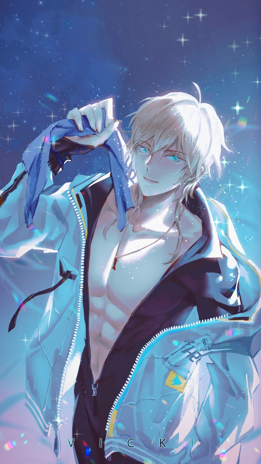 1boy, abs, absurdres, ahoge, alkaid_mcgrath, alkaid_mcgrath_(azure_island), aqua_eyes, artist_name, black_wetsuit, blonde_hair, blue_background, blue_jacket, bodysuit, chinese_commentary, closed_mouth, collarbone, cowboy_shot, diving_suit, fish_necklace, hair_between_eyes, hand_in_pocket, hand_up, highres, holding, holding_towel, hood, hood_down, hooded_jacket, jacket, jewelry, light_particles, long_sleeves, looking_at_viewer, lovebrush_chronicles, male_focus, male_swimwear, medium_hair, open_clothes, open_jacket, pectoral_cleavage, pectorals, pendant, sleeves_past_wrists, smile, solo, standing, star_(sky), starry_sky_background, toned, toned_male, towel, unzipped, vicki_yiyi, wetsuit, zipper_pull_tab