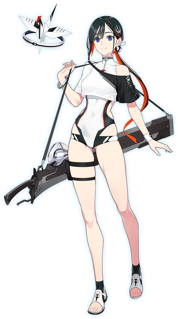 1girl, bird_hair_ornament, black_hair, bracelet, clothing_cutout, colored_inner_hair, crop_top, familiar, fate/grand_order, fate_(series), full_body, game_cg, hair_ornament, halterneck, highres, jeunesse_crane_(fate), jeunesse_crane_(first_ascension)_(fate), jewelry, long_hair, looking_at_viewer, low_ponytail, miss_crane_(fate), multicolored_hair, official_art, one-piece_swimsuit, origami, outline, paper_crane, ponytail, pouch, purple_eyes, red_hair, sandals, second-party_source, shaka_p, shirt, shoes, smile, solo, standing, standing_on_one_leg, swimsuit, tachi-e, thigh_pouch, thigh_strap, transparent_background, two-tone_hair, weapon, white_one-piece_swimsuit, white_outline, white_shirt, white_shoes