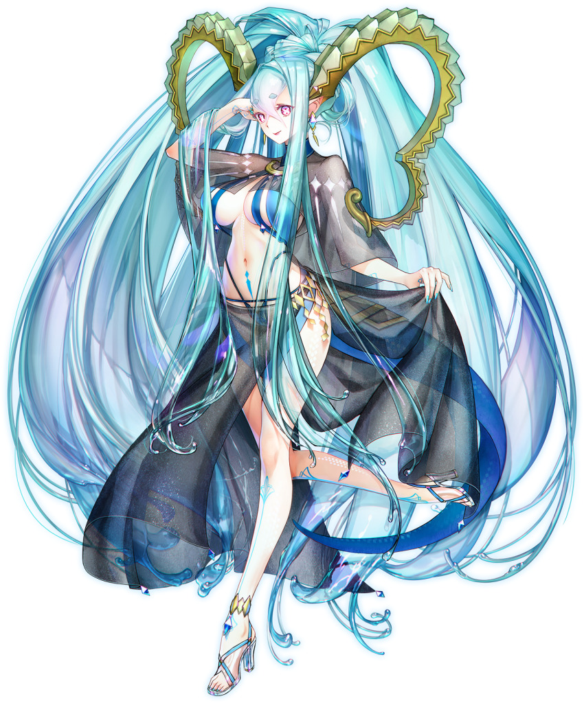 1girl, aqua_hair, arm_up, breasts, curled_horns, fate/grand_order, fate_(series), full_body