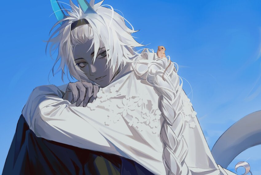 1boy, animal, animal_on_shoulder, arjuna_(fate), arjuna_alter_(fate), arms_on_knees, black_eyes, black_hairband