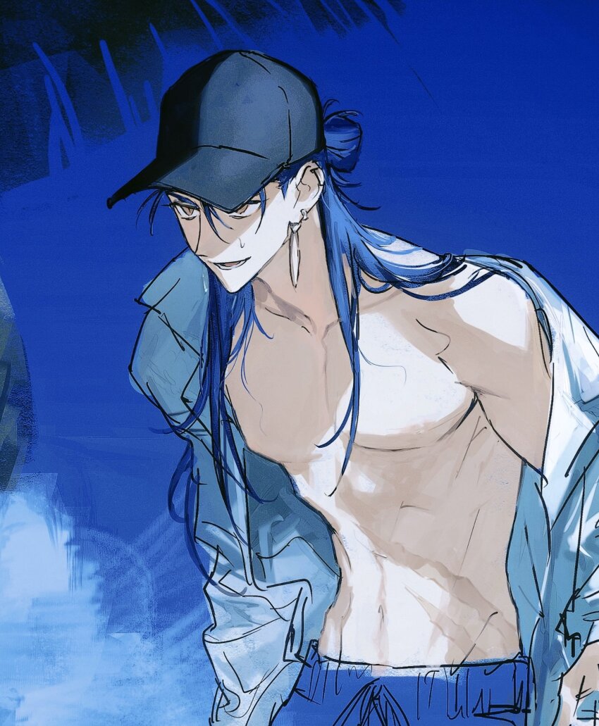 1boy, black_hat, blue_hair, blue_sky, blue_swim_trunks, cu_chulainn_(caster)_(fate), cu_chulainn_(fate), cu_chulainn_(tropical_rune_summer)_(fate)