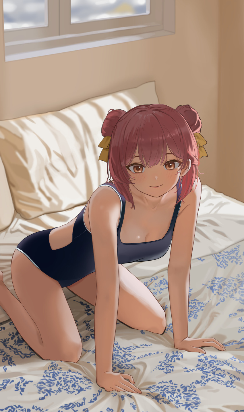 1girl, absurdres, all_fours, armor, bed_sheet, blue_one-piece_swimsuit, blush, breasts