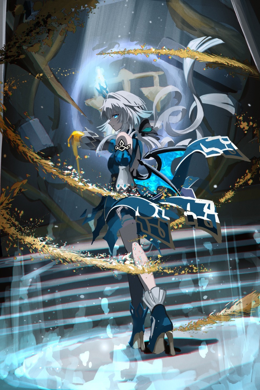 1girl, bare_shoulders, blue_dress, blue_eyes, blurry, cerydra_(honkai:_star_rail), crown, depth_of_field