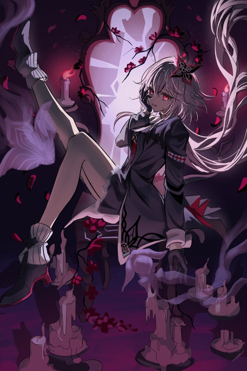 1girl, black_gloves, black_jacket, dress, evernight_(honkai:_star_rail), gloves, hair_ornament, hand_on_own_cheek