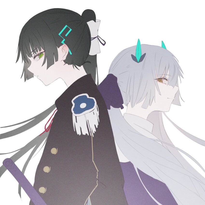 2girls, back-to-back, black_hair, blunt_bangs, epaulettes, green_eyes, heaven_burns_red, highres