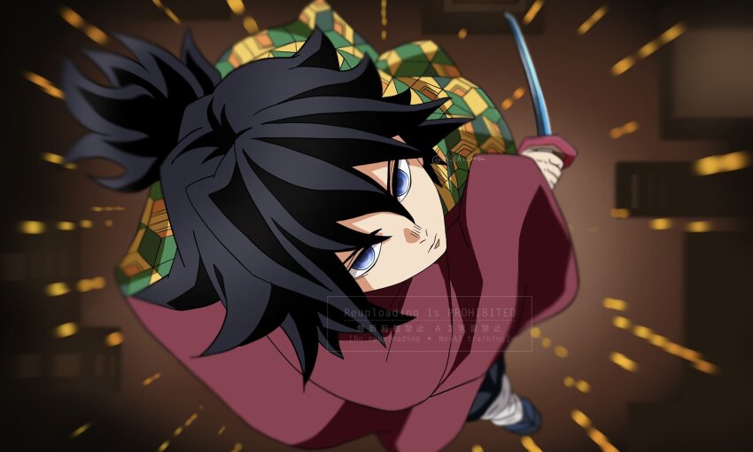 1boy, a_shi_ma, black_hair, black_pants, blue_eyes, closed_mouth, demon_slayer_uniform, english_text