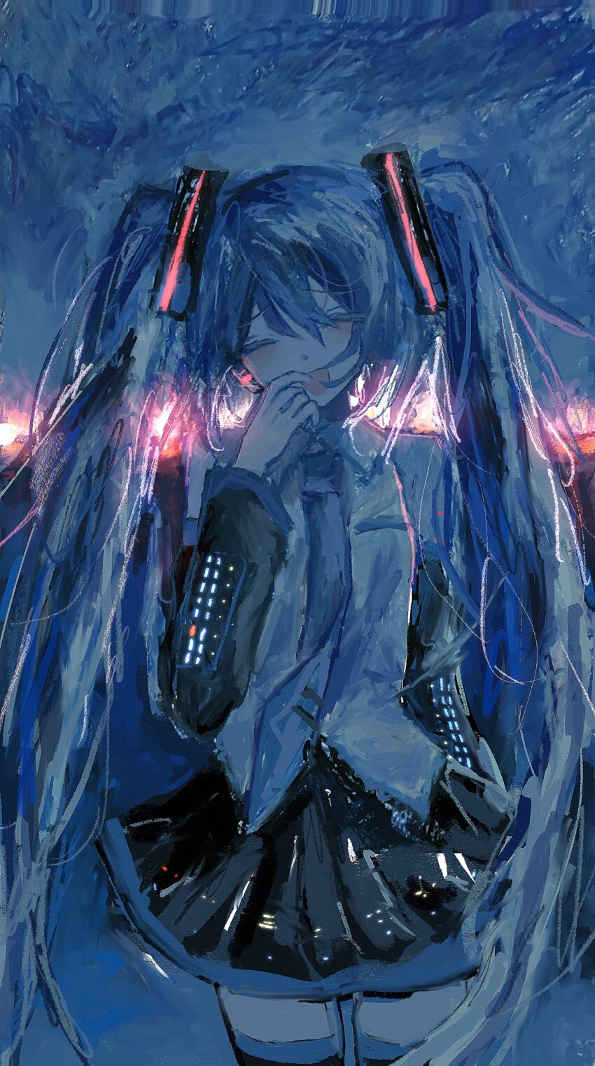 1girl, :d, backlighting, black_skirt, blue_hair, blue_theme, closed_eyes, commentary